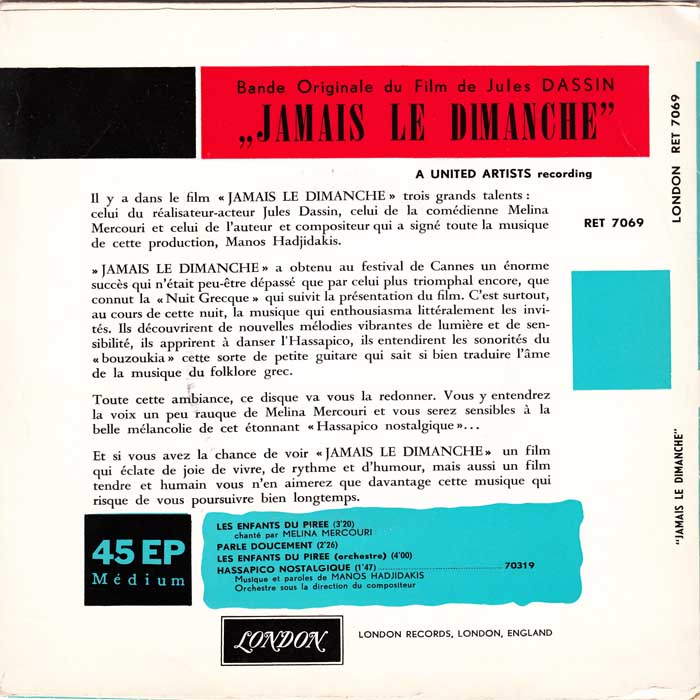 Manos Hadjidakis - Jamais Le Dimanche (EP) 13872 Vinyl Singles EP Goede Staat