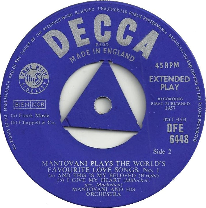 Mantovani And His Orchestra - Mantovani Plays The World's Favourite Love Songs No. 1 (EP) Vinyl Singles EP VINYLSINGLES.NL
