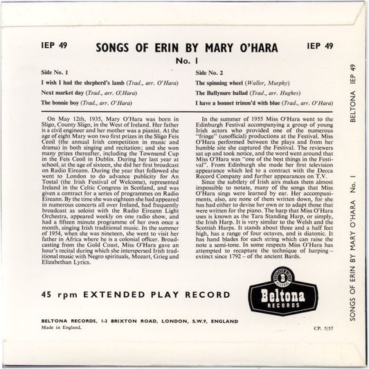 Mary O'Hara - Songs Of Erin No. *