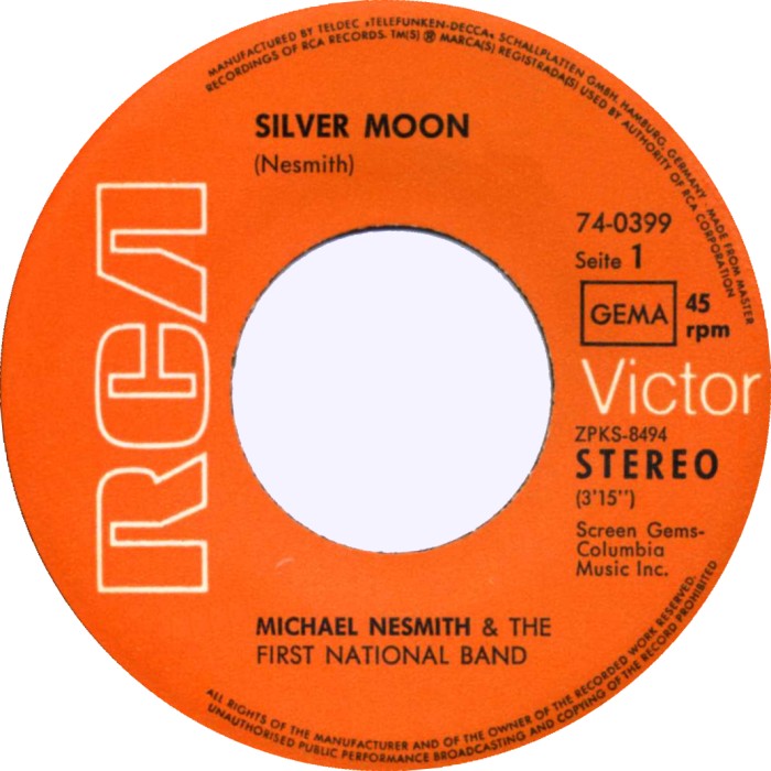 Michael Nesmith & The First National Band - Silver Moon Vinyl Singles Vinyl Very Good (VG) <br> Hoes Good Plus (G+)
