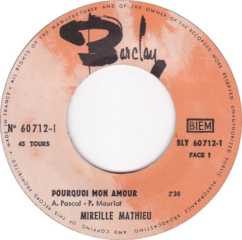 Mireille Mathieu - Pourquoi Mon Amour Vinyl Singles VINYLSINGLES.NL