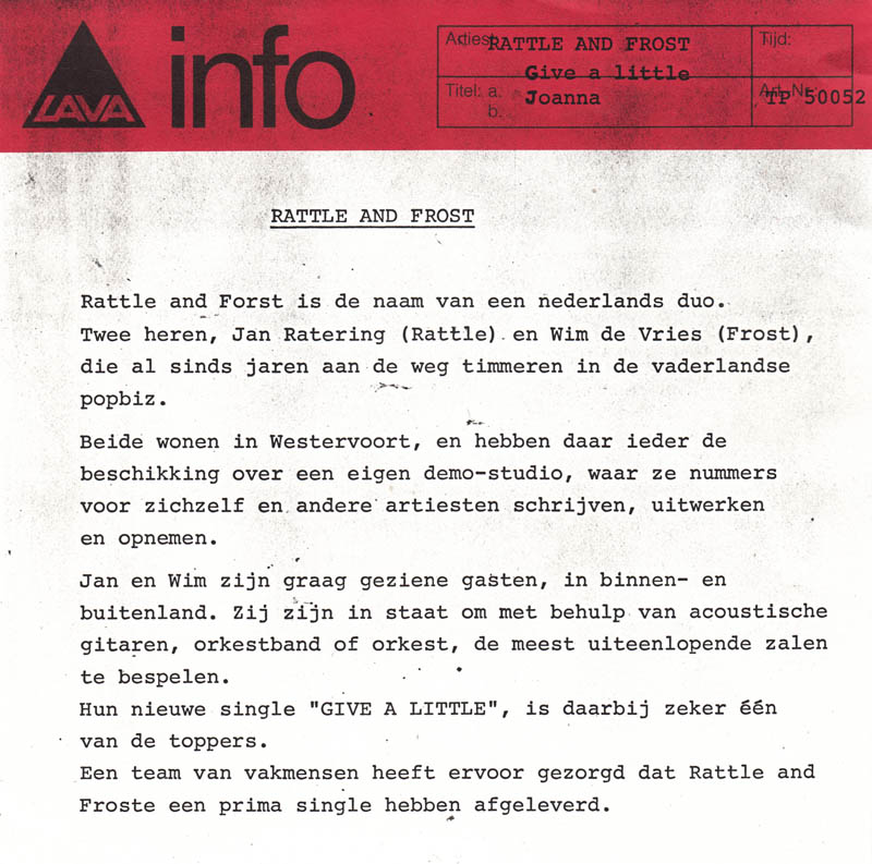 Rattle & Frost - Give A Little Vinyl Singles Vinyl Very Good (VG) <br> Hoes Good Plus (G+)