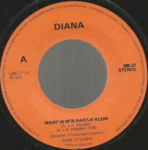 Diana - Want In M'n Hartje Klein Vinyl Singles Vinyl Very Good (VG) <br> Hoes Good Plus (G+)