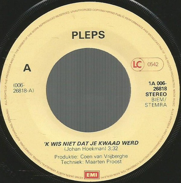 Pleps - 'K Wis Niet Dat Je Kwaad Werd 10319 18208 Vinyl Singles Goede Staat