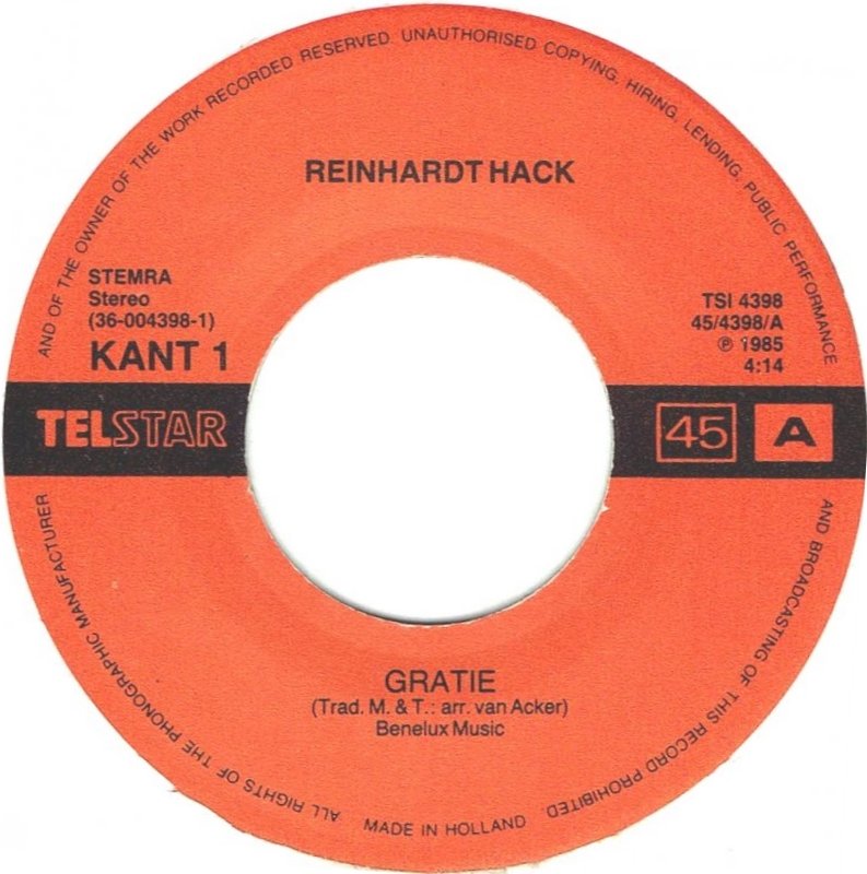 Reinhart Hack - Gratie 02234 Vinyl Singles Hoes: Generic