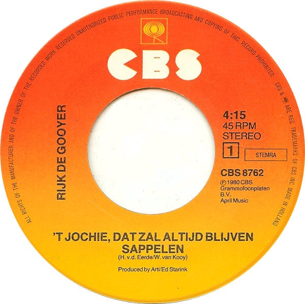 Rijk De Gooyer - 'T Jochie, Dat Zal Altijd Blijven Sappelen 39222 Vinyl Singles Goede Staat