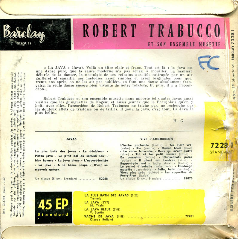 Robert Trabucco Et Son Ensemble Musette - La Plus Bath Des Javas (EP) Vinyl Singles EP VINYLSINGLES.NL