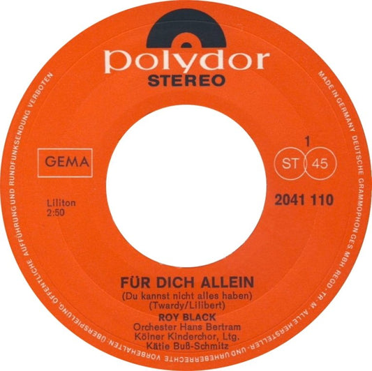 Roy Black - Fur Dich Allein Vinyl Singles Vinyl Very Good (VG) <br> Hoes Generic