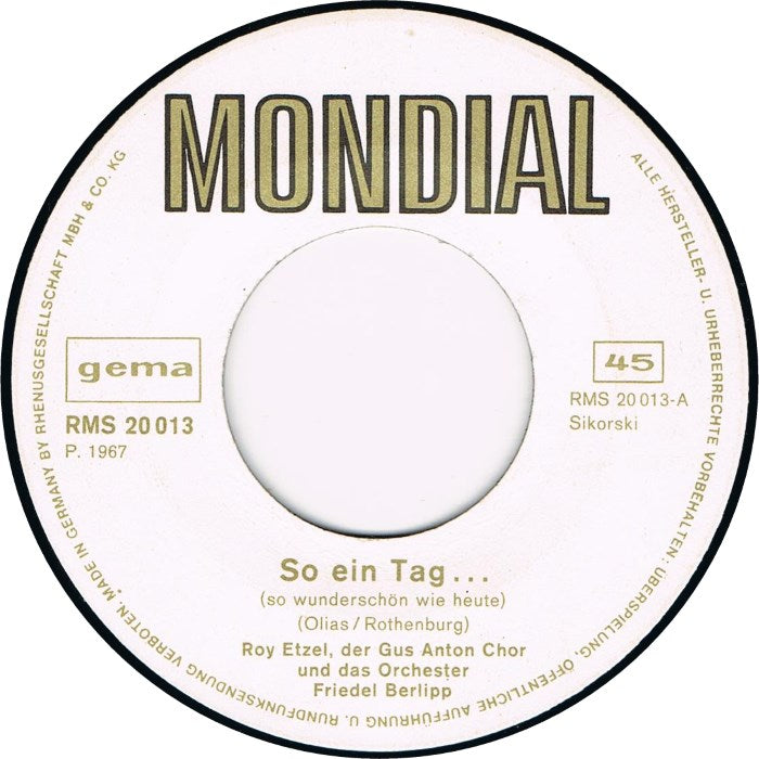 Roy Etzel - So Ein Tag Vinyl Singles Vinyl Very Good (VG) <br> Hoes Good Plus (G+)