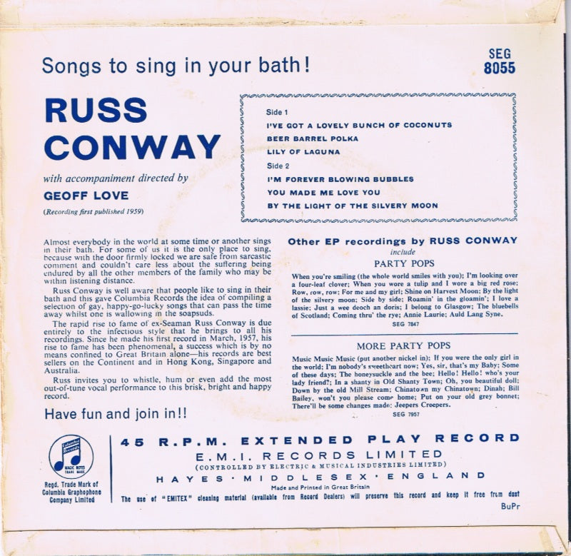 Russ Conway - Songs To Sing In Your Bath Vinyl Singles EP Vinyl Very Good (VG) <br> Hoes Good Plus (G+)