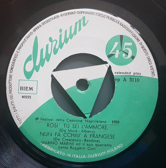 Marino Marini Ed Il Suo Quartetto - *e Festival Delaa Canzone Napoletana Vinyl Singles EP Vinyl Very Good (VG) <br> Hoes Good Plus (G+)