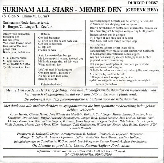 Surinam All Stars - Memre Den 26988 Vinyl Singles Vinyl Zeer Goed / Hoesje Goed "VINYLSINGLES.NL"