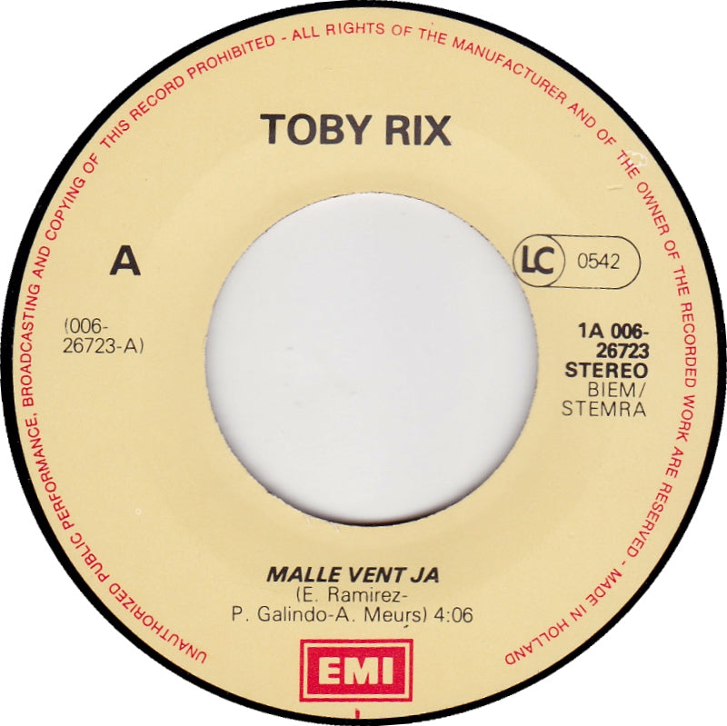 Toby Rix - Malle Vent Ja Vinyl Singles Vinyl Very Good (VG) <br> Hoes Good Plus (G+)