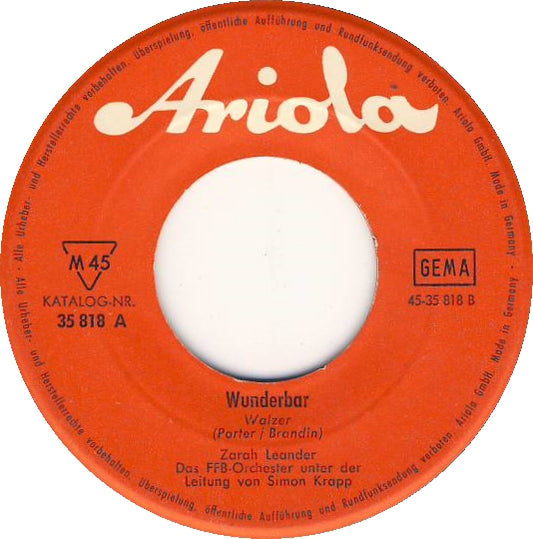 Zarah Leander - Wunderbar Vinyl Singles Vinyl Zeer Goed / Hoesje Goed "VINYLSINGLES.NL"